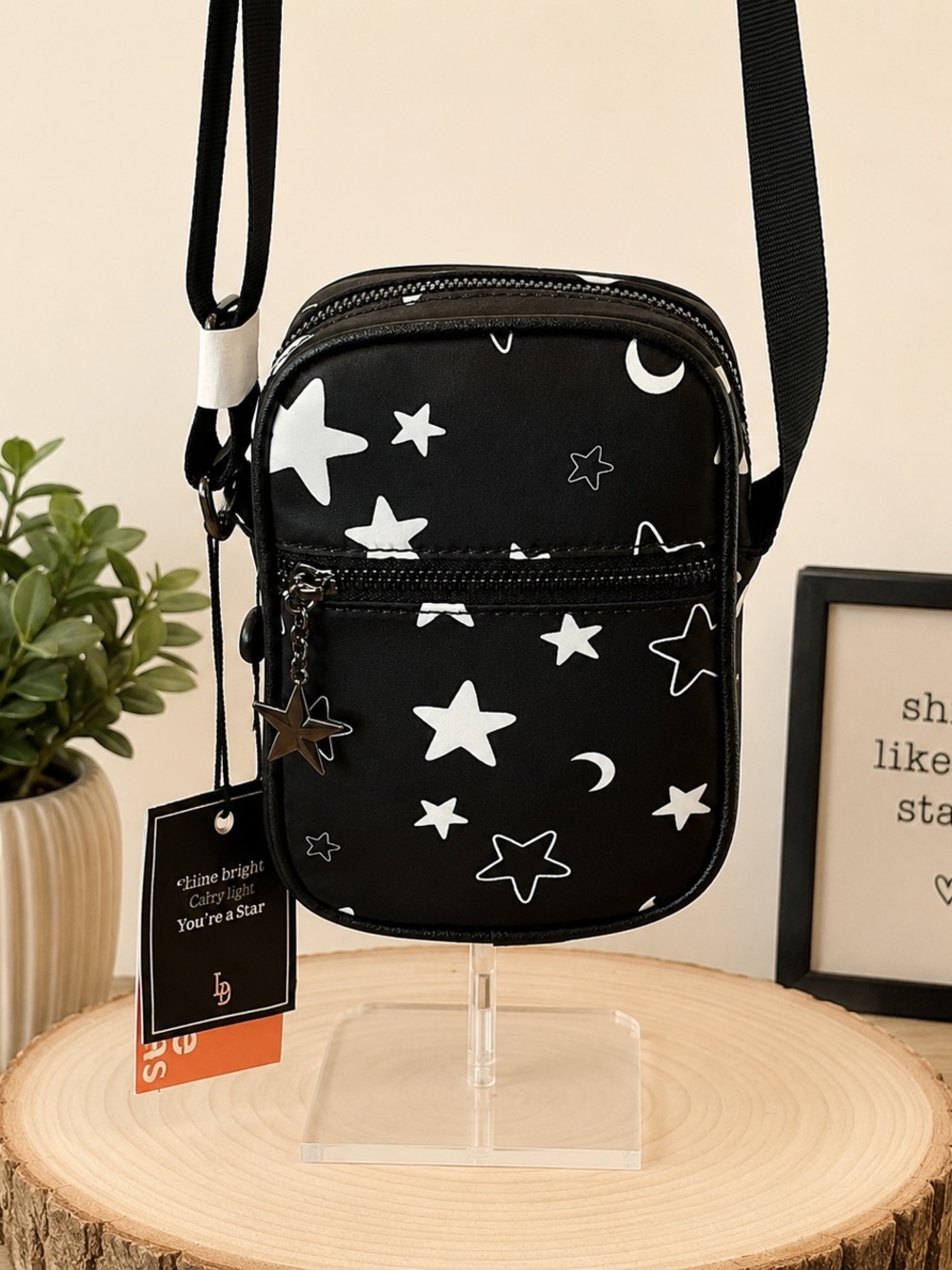 Star Print Black Crossbody Bag for Men